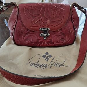 Patricia Nash Red Leather Floral Embossed Crossbody Bag